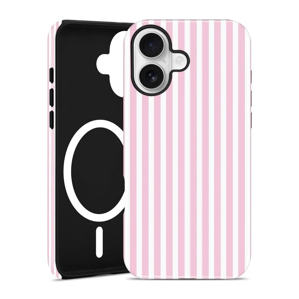 Phone Case for iPhone 16, Compatible with MagSafe (Striped Pink and White)